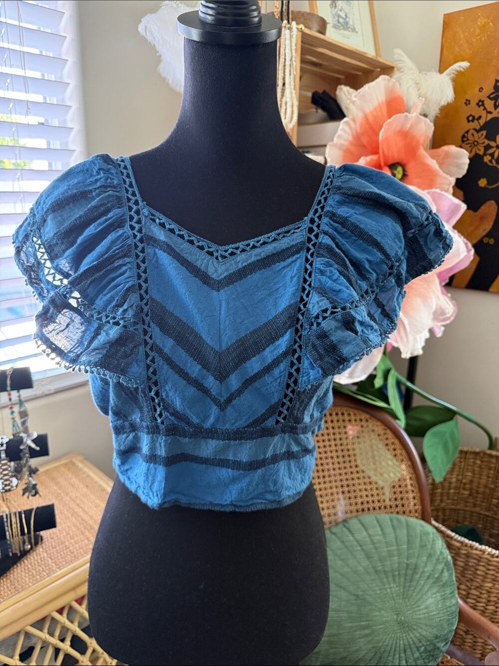 Free People Blue Cropped Flutter Sleeve Backless Boho Hippie Femme Peasant Top